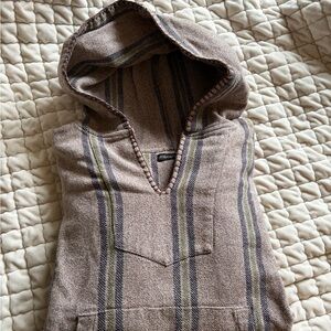 Urban Outfitters Beige V-Neck Hooded Sweater with Navy & Olive Stripes
